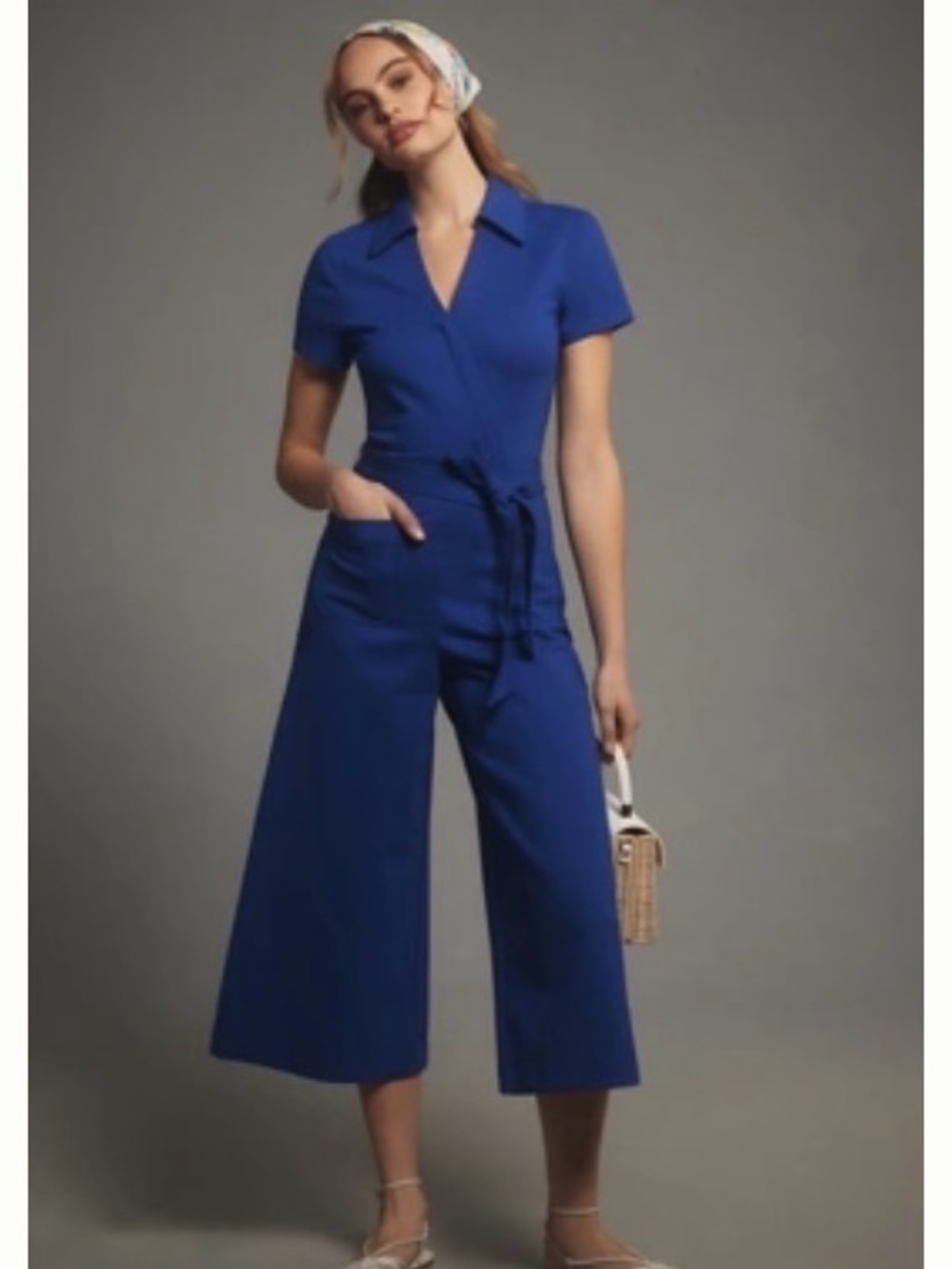 NWT Maeve Anthropologie Faux Wrap Culotte Jumpsuit Blue 10
